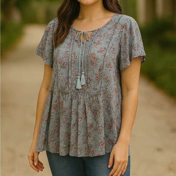 J Jill Flutter Sleeve Floral Print Blouse Size Medium Flirty Boho Breezy Summer - Picture 9 of 9